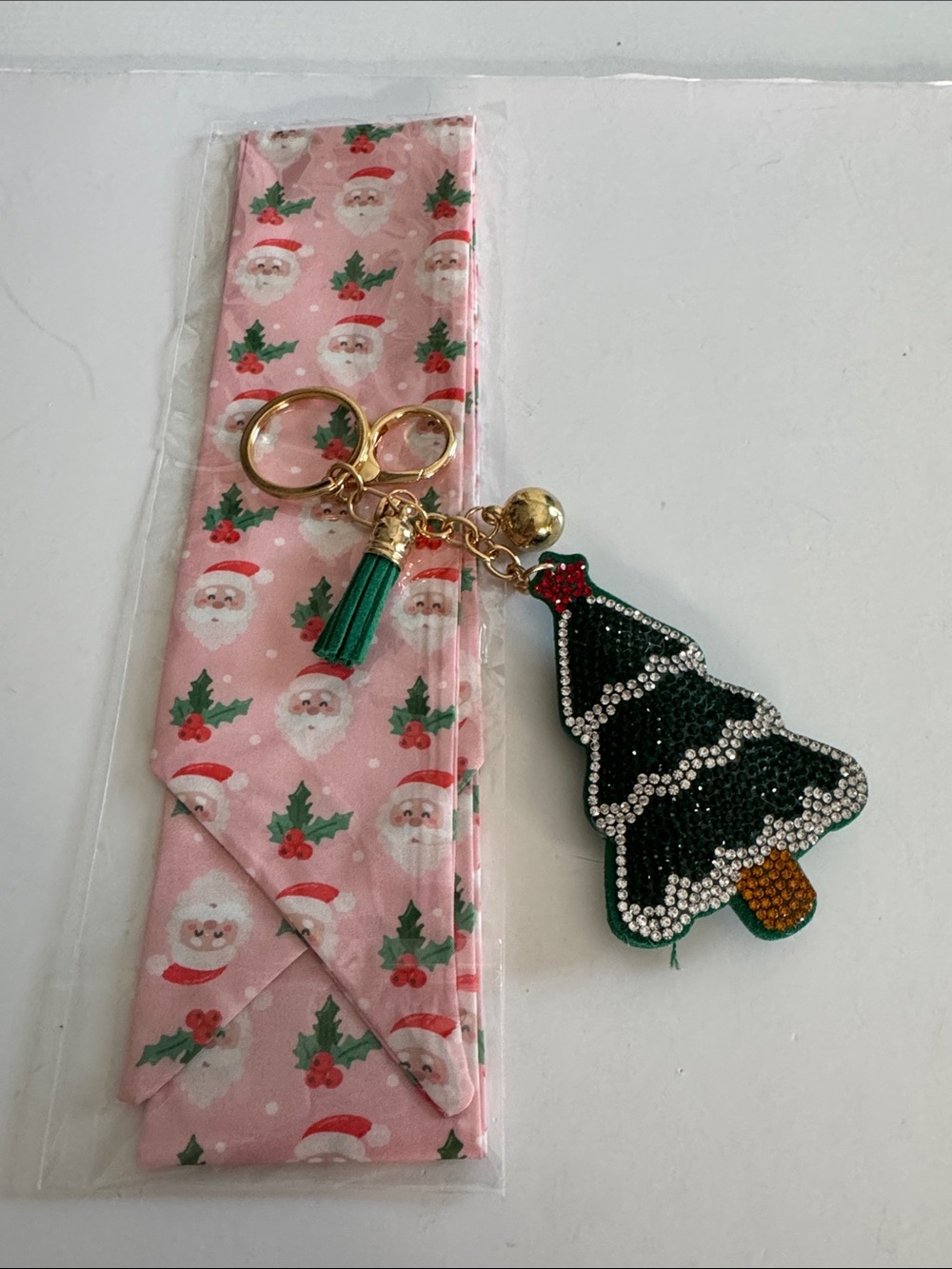 Festive Pink Santa Scarf with Green Christmas Tree Keychain